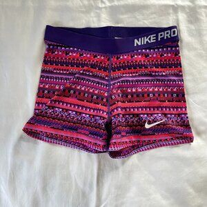 Nike Pro Purple Orange Geometric Pattern Spandex Athletic Bike Shorts | Size L
